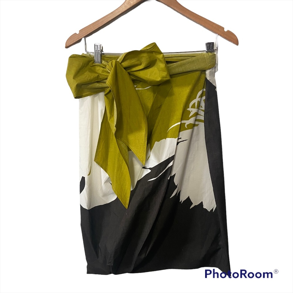 Max Mara Chartreuse Green Ivory Brown Floral Cotton Lined Straight Sash Skirt